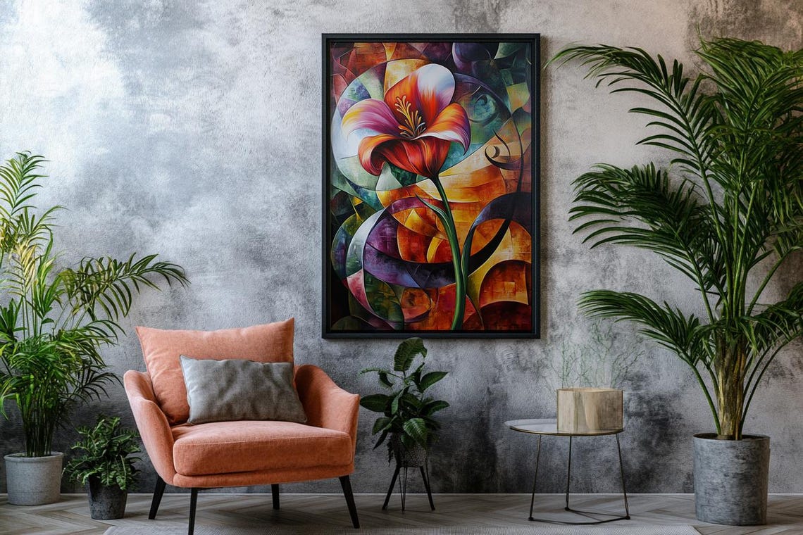 Bold Abstract Orange Lily Cubist Floral Painting Modern Wall Art - Image 2