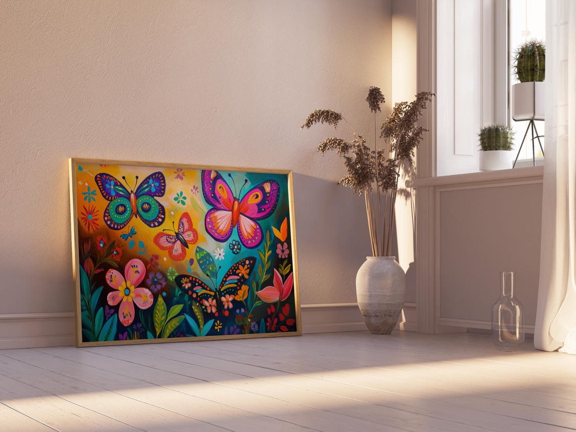 Five Bright Butterflies Among Tropical Flowers Dark Garden Poster - Image 2