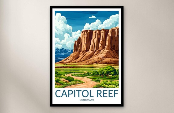 Capitol Reef Utah Towering Red Rock Cliffs Desert Road Travel Poster
