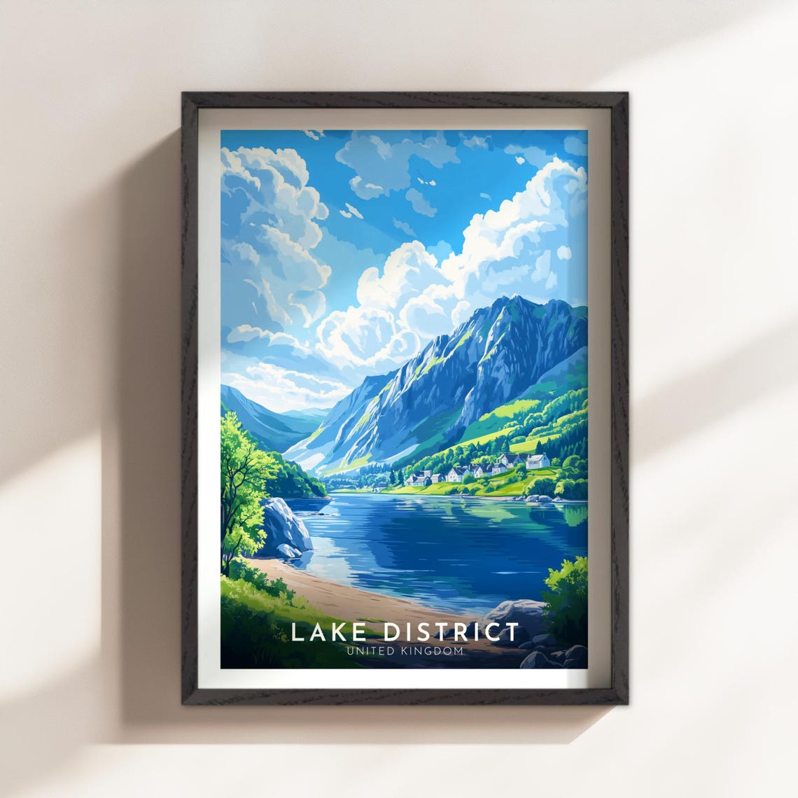 Lake District United Kingdom Mountains Lakeside Village Travel Poster