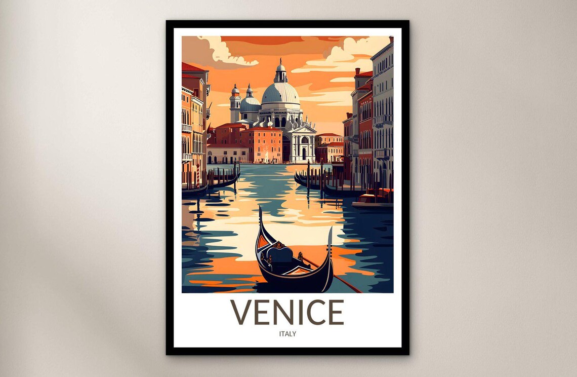 Venice Italy Sunset Gondola Canal Grand Church View Travel Poster