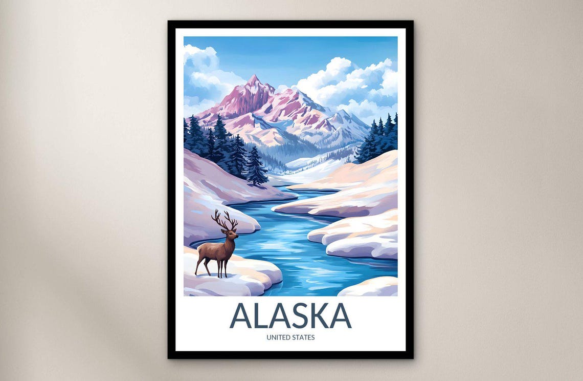 Alaska Winter Wilderness Snow Peaks Deer River Vintage Travel Poster