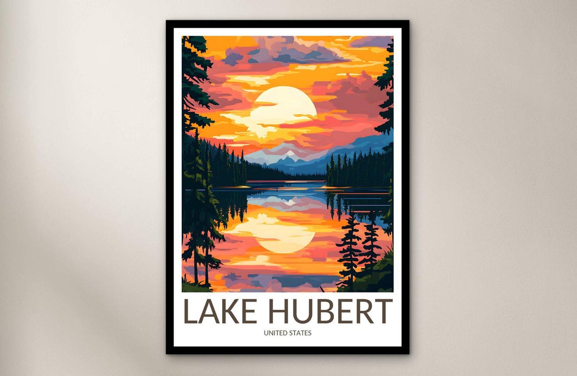 Lake Hubert Travel Poster Sunset Lake Pines Reflection Scene