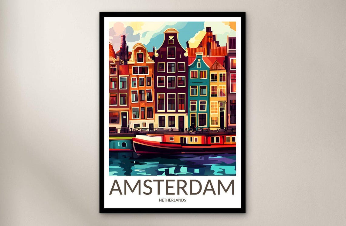 Amsterdam Netherlands Colorful Houseboat Canal Houses Travel Poster