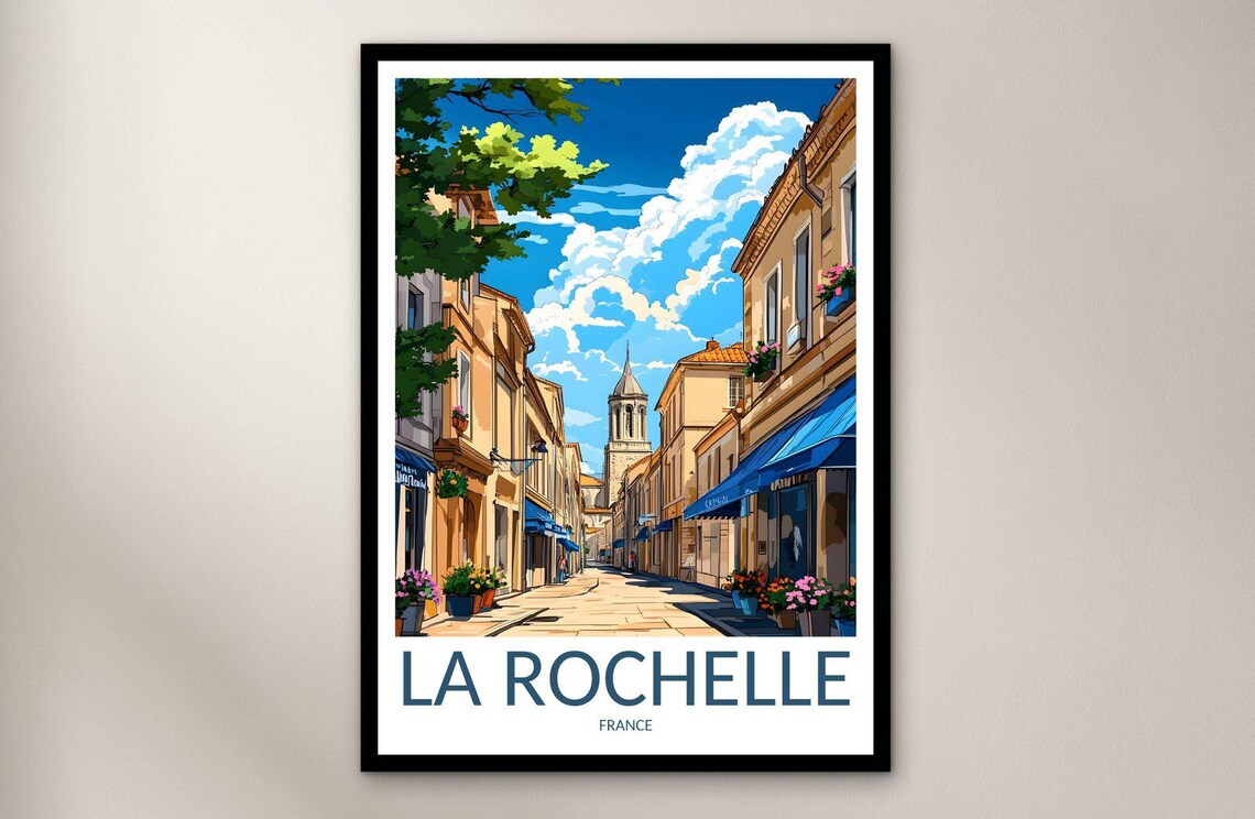 La Rochelle France Sunny Old Town Street Blue Awnings Travel Poster