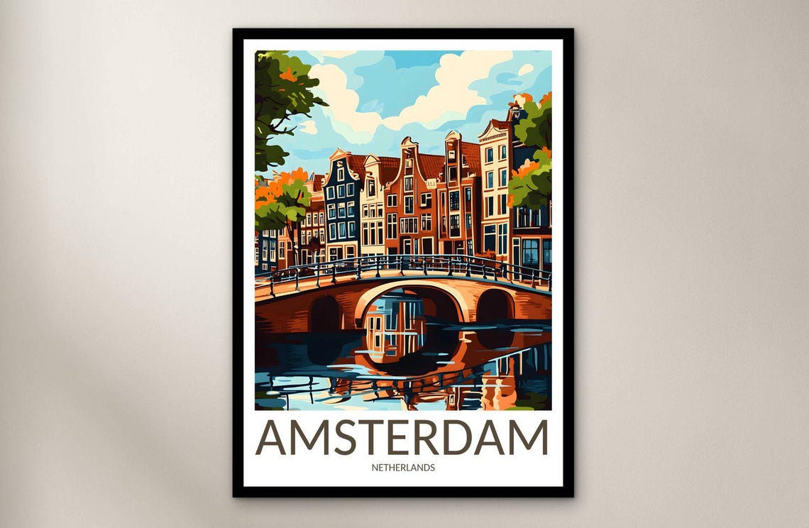 Amsterdam Canal Bridge Reflection Gabled Houses Travel Poster