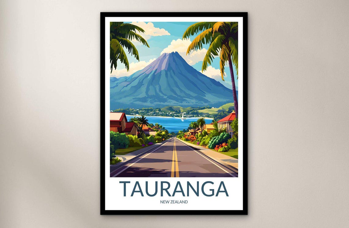 Tauranga New Zealand Mount Maunganui Bay Palm Trees Road Poster