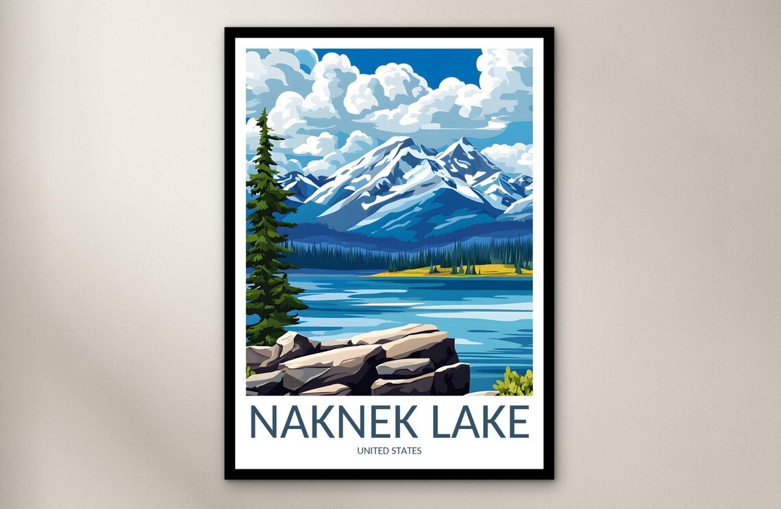Naknek Lake United States Rocky Shore Pine Mountain Travel Poster