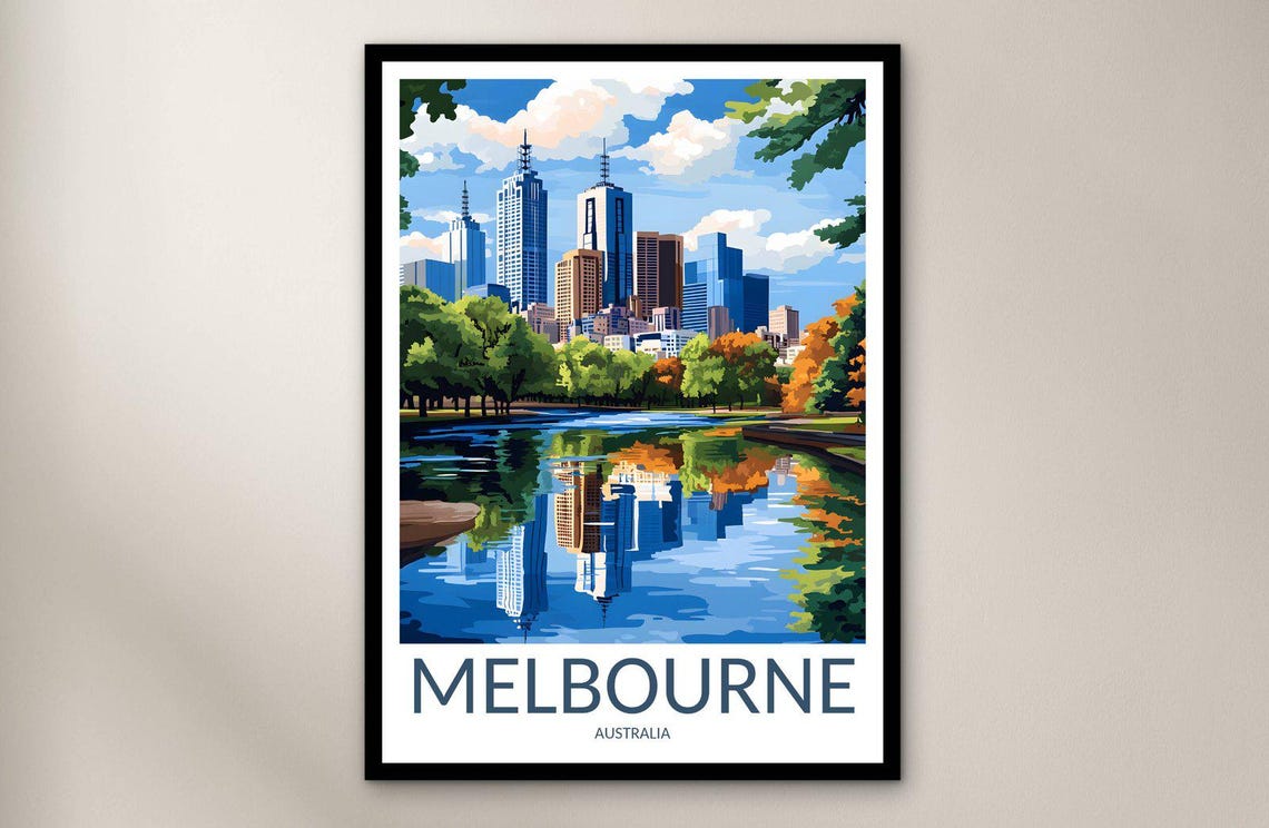 Melbourne Australia Skyline Park Lake Reflection Vintage Travel Poster