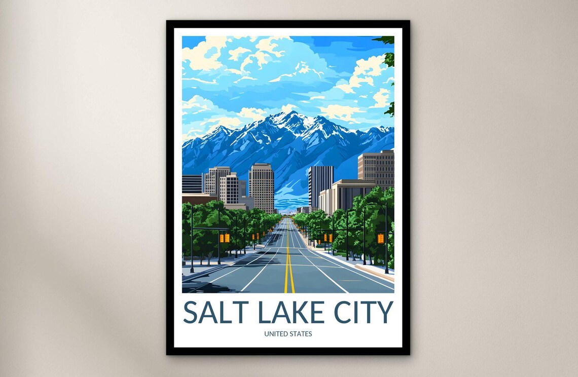 Salt Lake City Utah Avenue Mountain Skyline Travel Poster Art