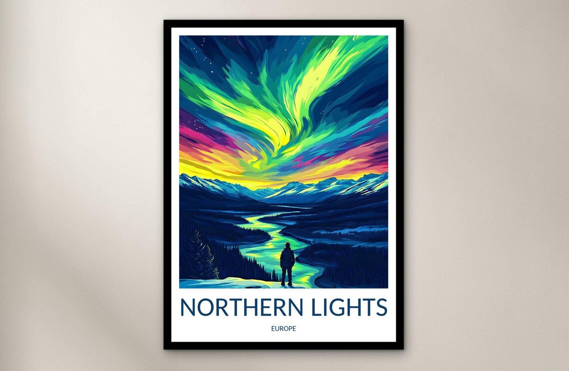 Northern Lights Europe Aurora Borealis Snowy Mountains Travel Poster
