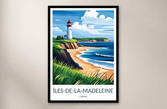 Iles De La Madeleine Canada Lighthouse Red Cliff Beach Travel Poster