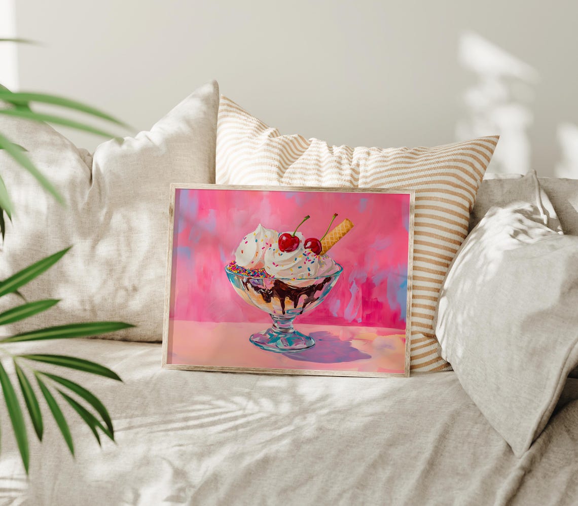 Pink Ice Cream Print Colourful Food Print Pink Kitchen Decor Ice Cream Sundae Painting Kids Bedroom Print Girly Prints Pink Nursery Decor - Image 2