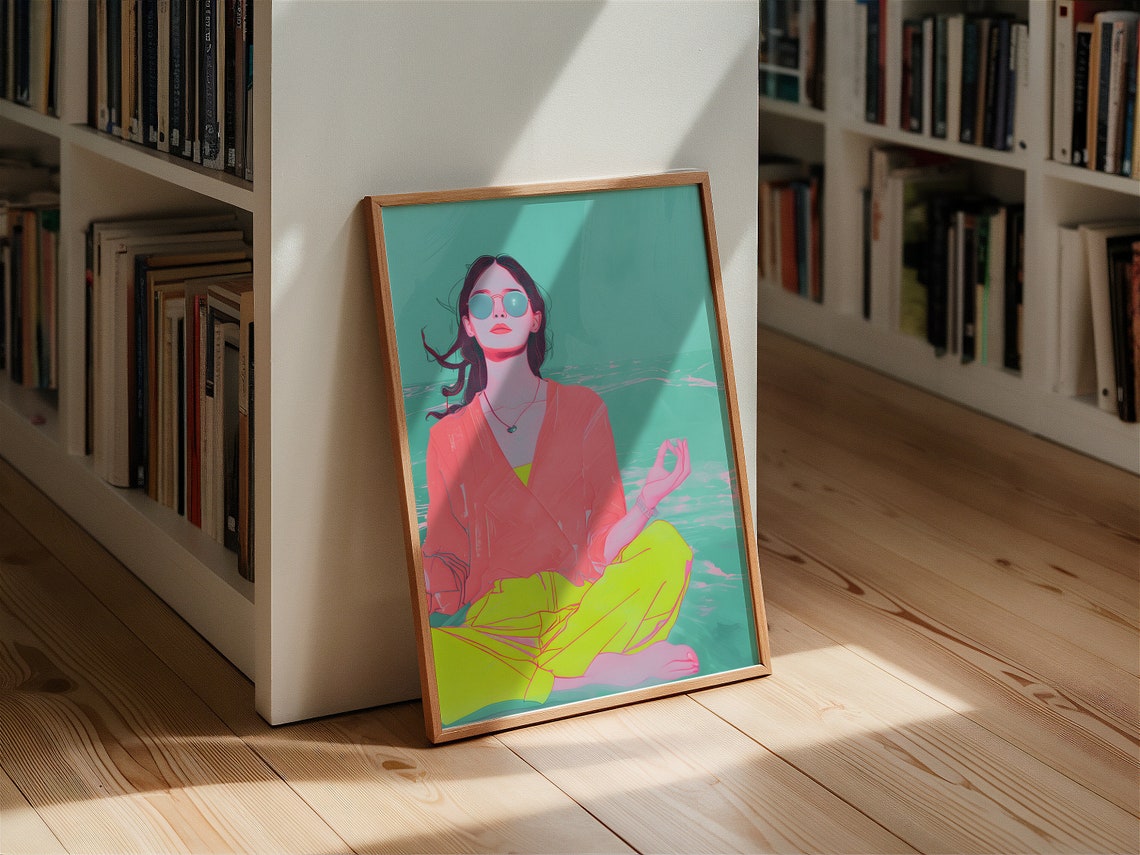 Beach Meditation Pop Art Woman Teal Pink Wellness Calm Poster - Image 3