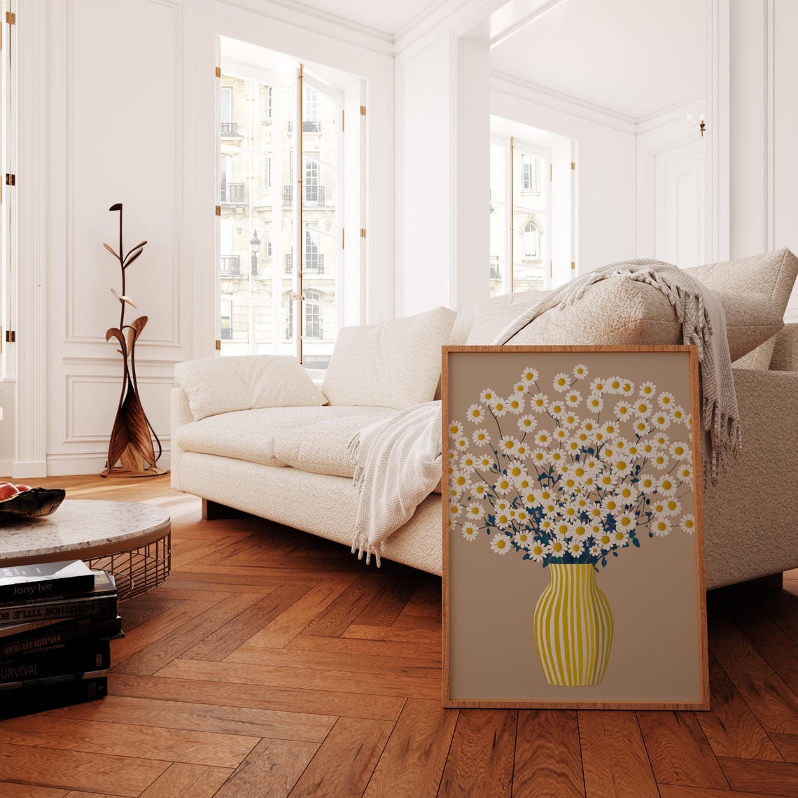 White Daisies Yellow Striped Vase Beige Botanical Wall Art Decor - Image 2