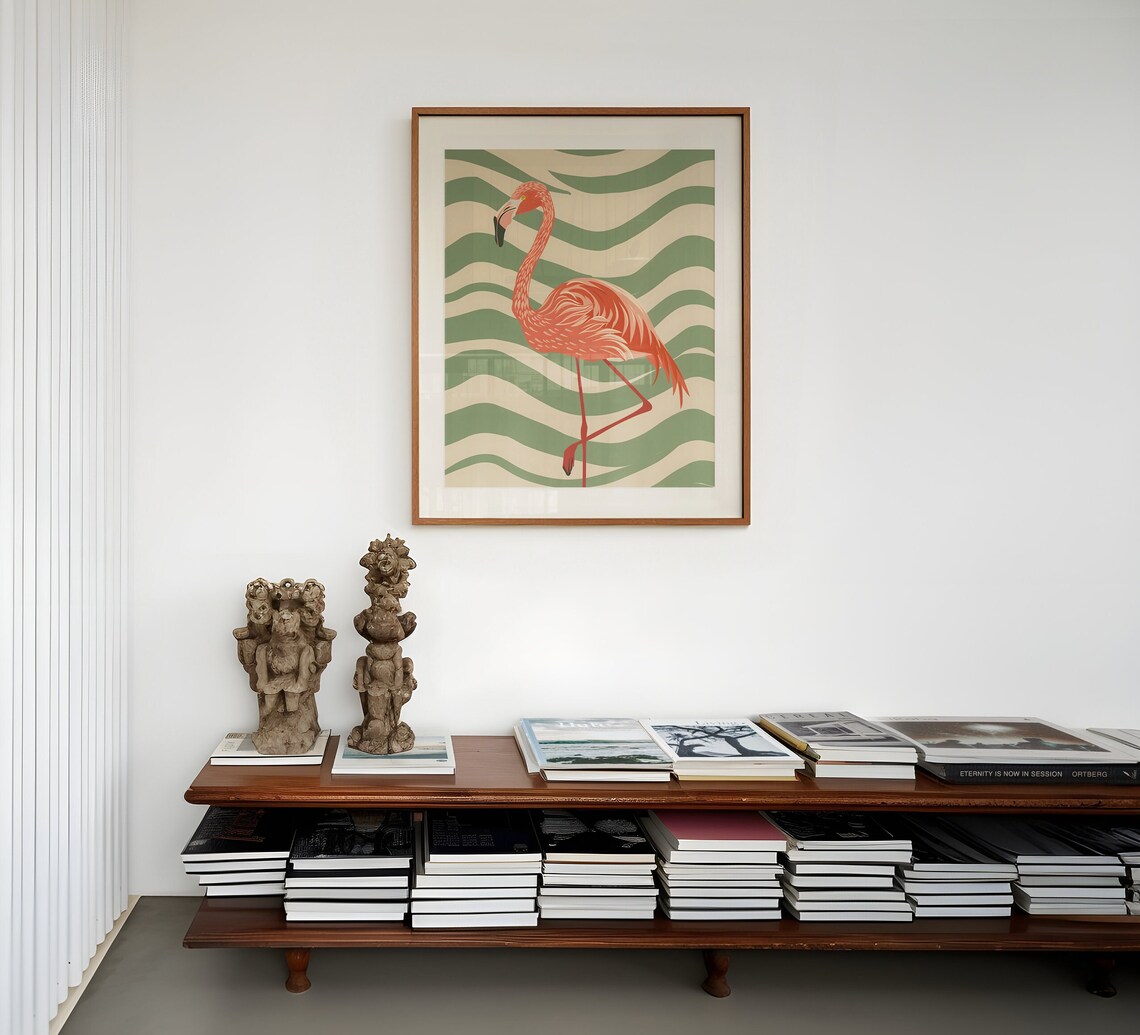 Pink Flamingo Standing on Sage Green Retro Wavy Stripes Poster - Image 3