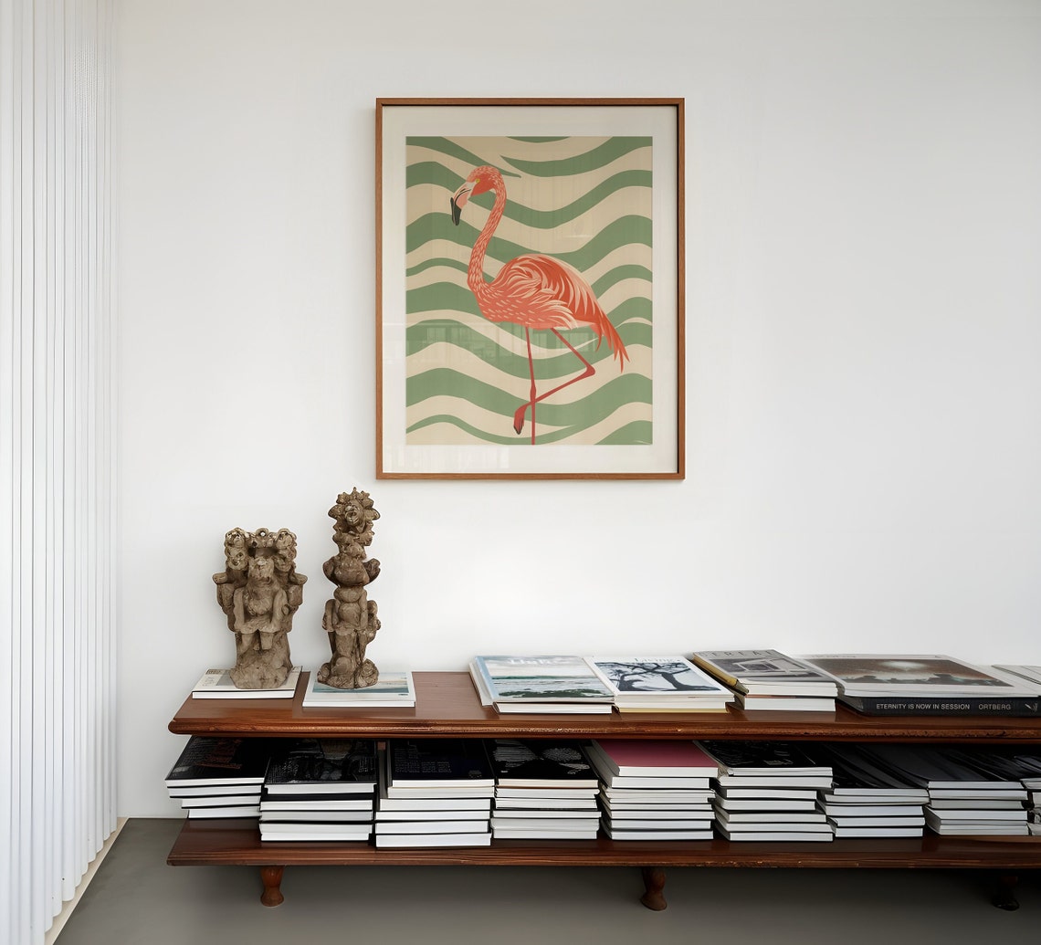 Pink Flamingo Wavy Print Flamingo Wall Art Neon Flamingo Poster Exotic Bird Painting Pink Flamingo Illustration Tropical Animal Pop Art - Image 3