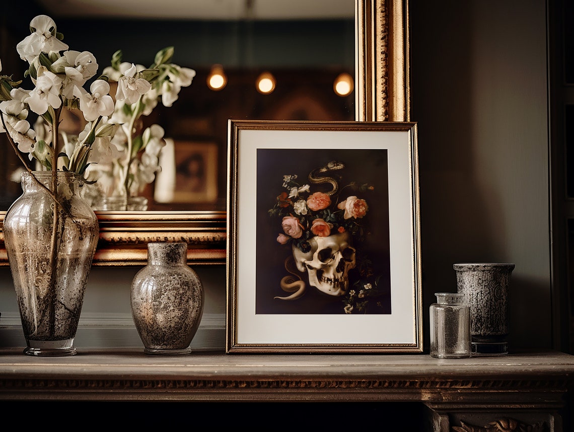 Skull Art Print Floral Skull Painting Moody Skull Print Gothic Decor Dark Academia Print Snakes Wall Art Goth Skeleton Print Moody Painting - Image 2