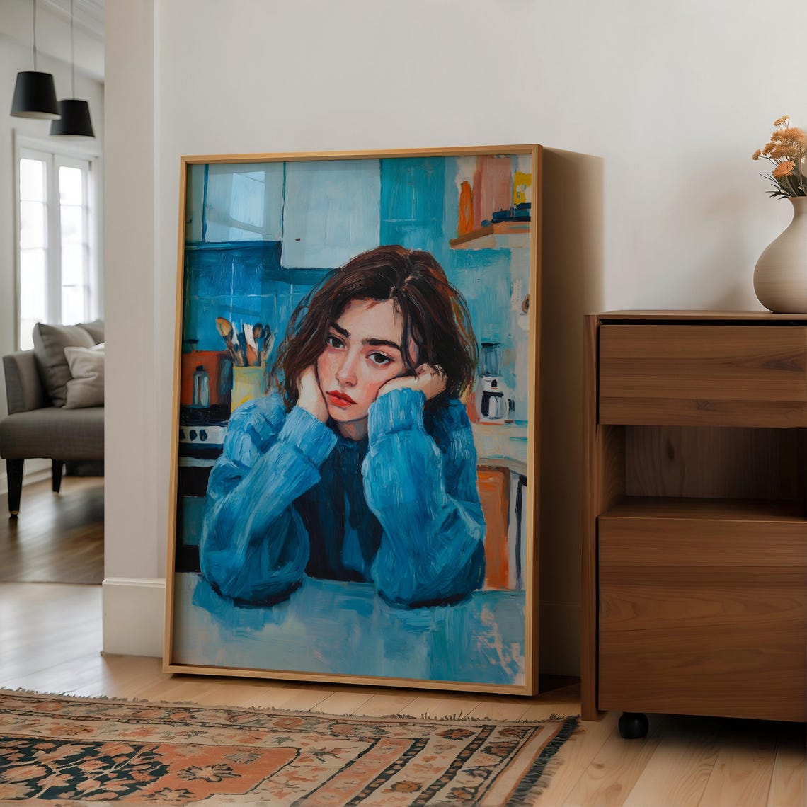 Girl In Blue Jumper Kitchen Portrait Contemporary Art Poster - Image 2