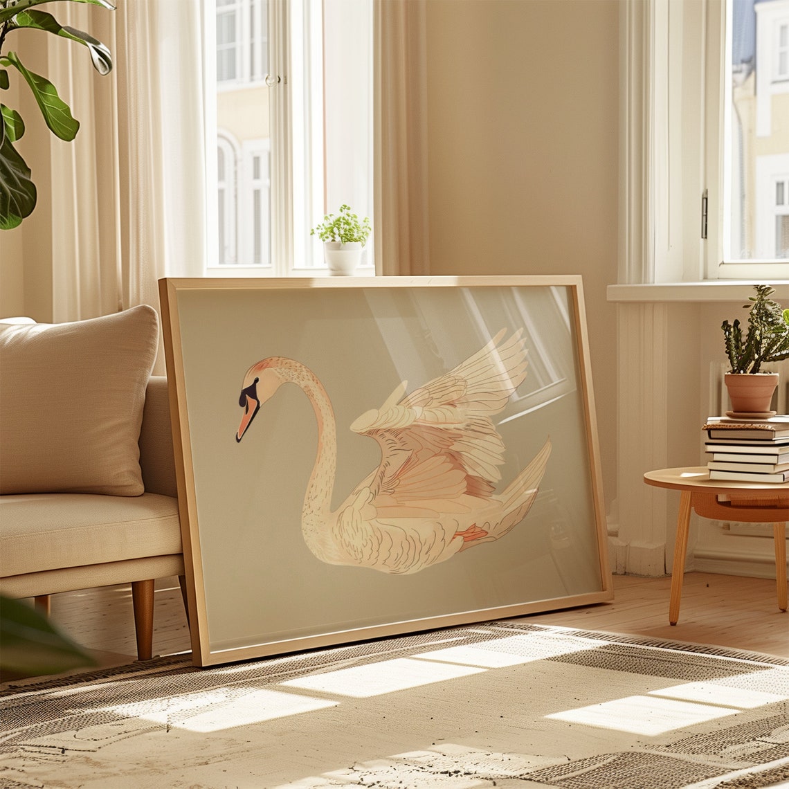 Minimalist Swan Spreading Wings On Calm Neutral Ground Art Print - Image 4