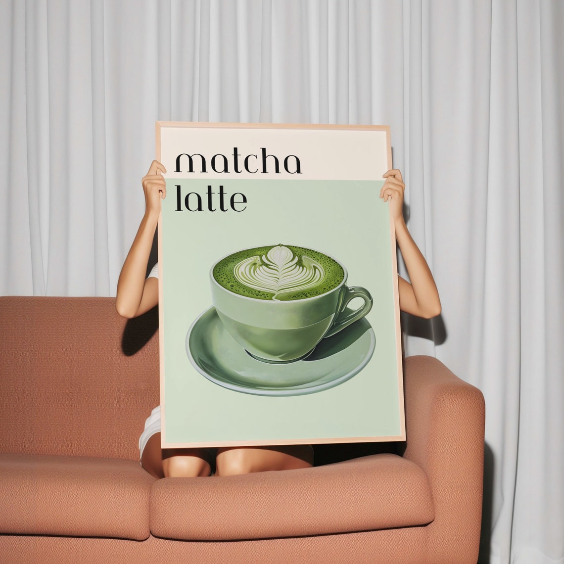Matcha Latte With Leaf Latte Art In A Sage Green Cup Artwork Poster - Image 2