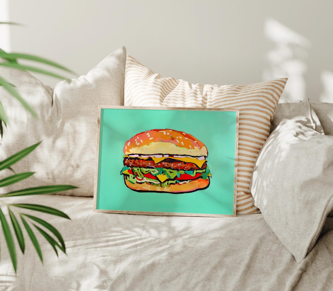 Double Cheeseburger Pop Art Food Painting On Mint Green Poster - Image 3