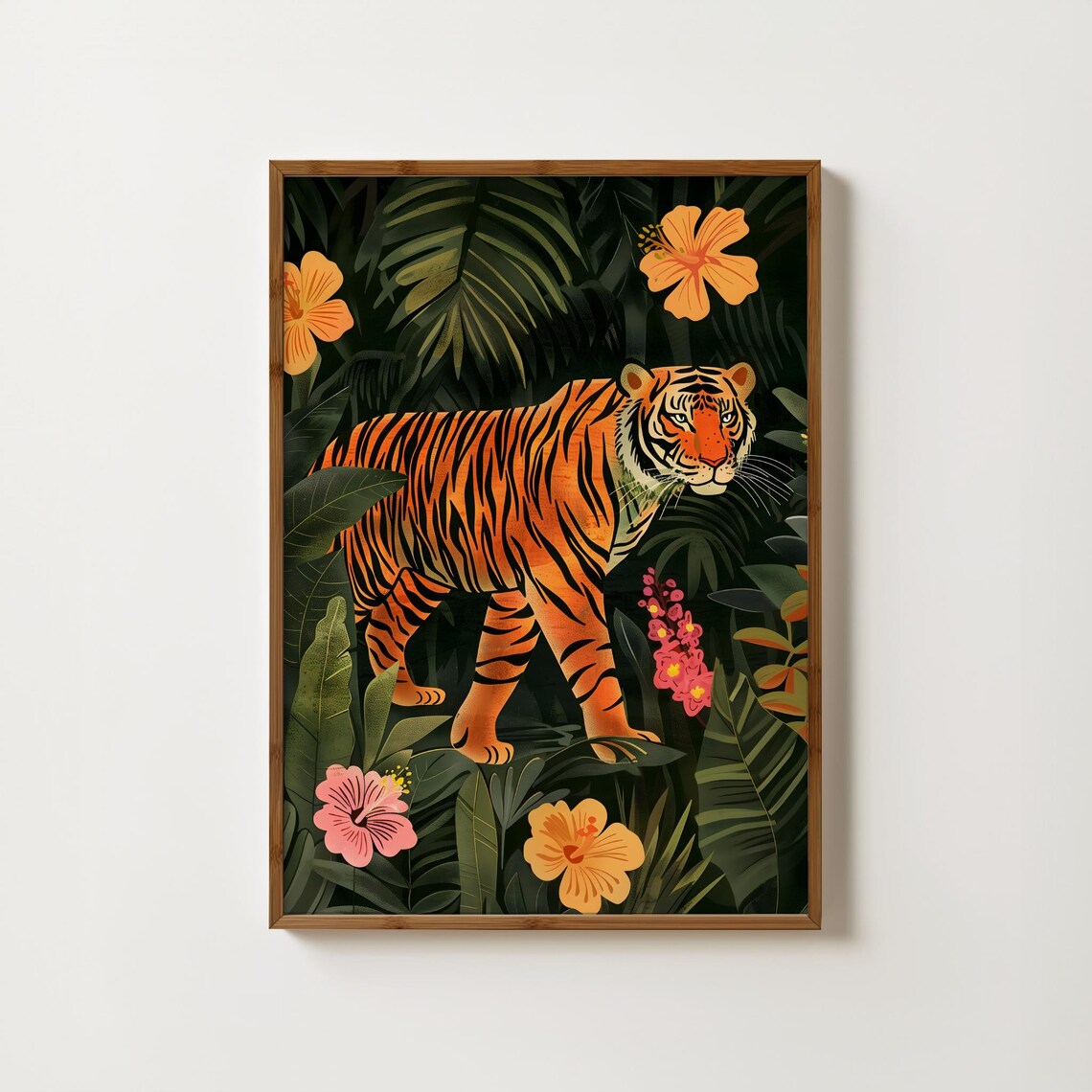 Tiger Prowling Through Dark Jungle Hibiscus Flowers Art Poster
