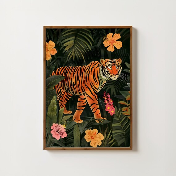 Tiger Prowling Through Dark Jungle Hibiscus Flowers Art Poster