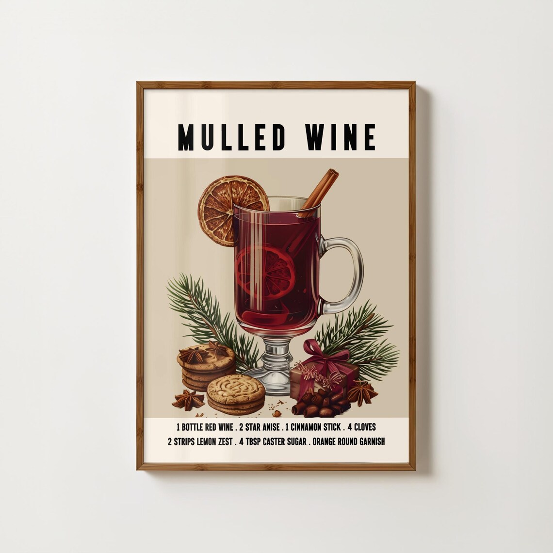 Mulled Wine Recipe Poster For Holiday Bar Cart Decor Artwork