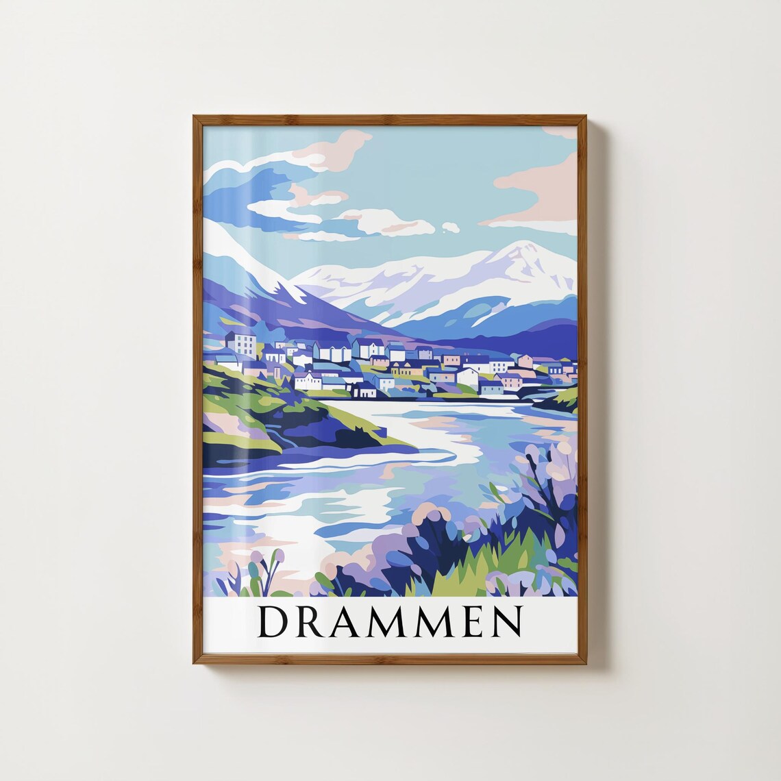 Drammen Norway Fjord Snowy Mountain City Pastel Nordic Travel Poster