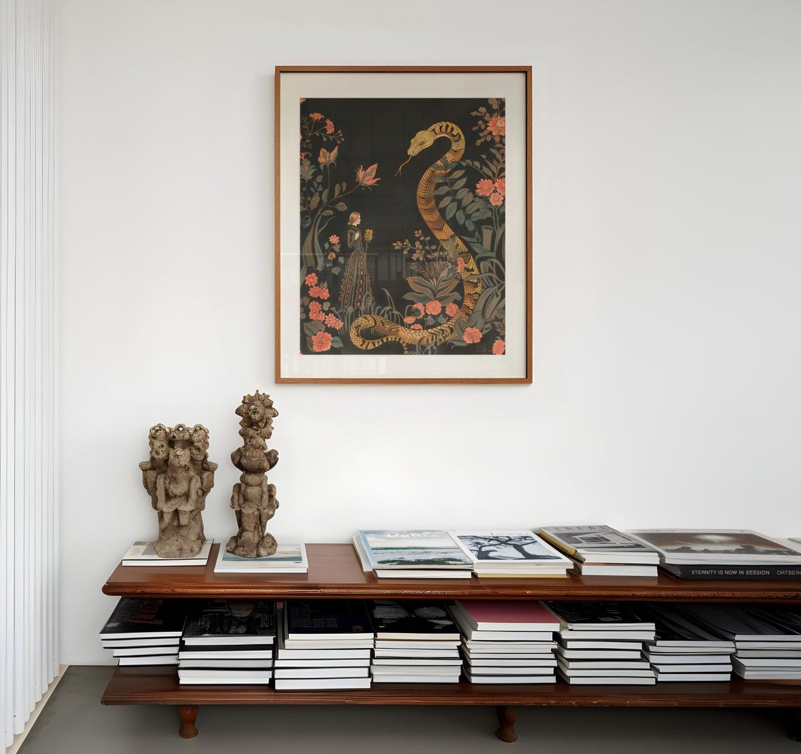 Golden Serpent And Lady Dark Jungle Floral Illustration Poster - Image 2