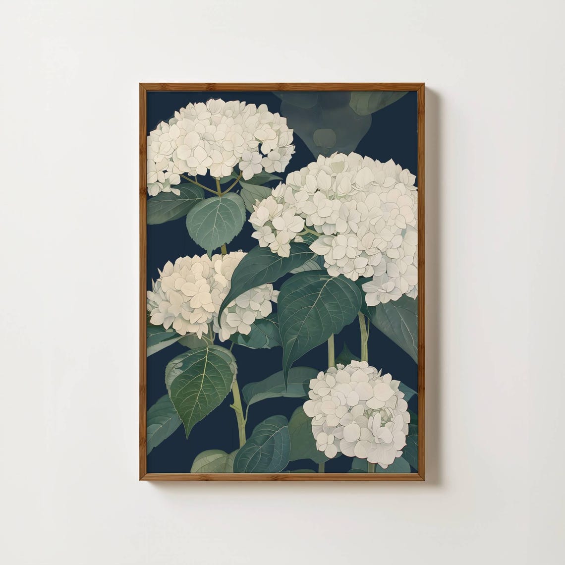 White Hydrangea Navy Botanical Vintage Floral Wall Art Decor