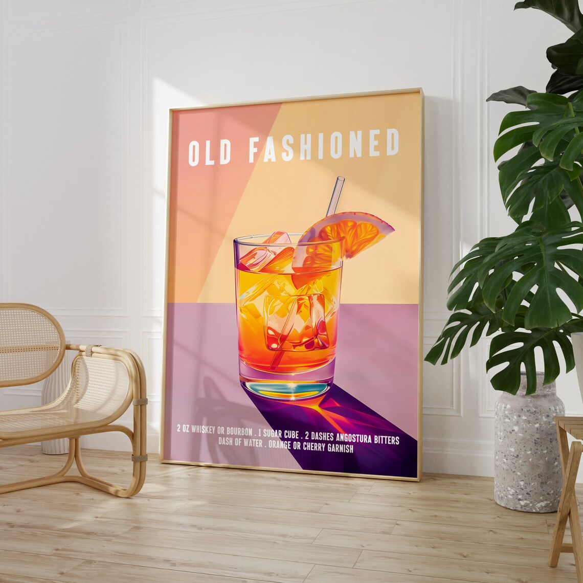 Old Fashioned Whiskey Cocktail Recipe In Pastel Pink Retro Artwork Poster - Image 2