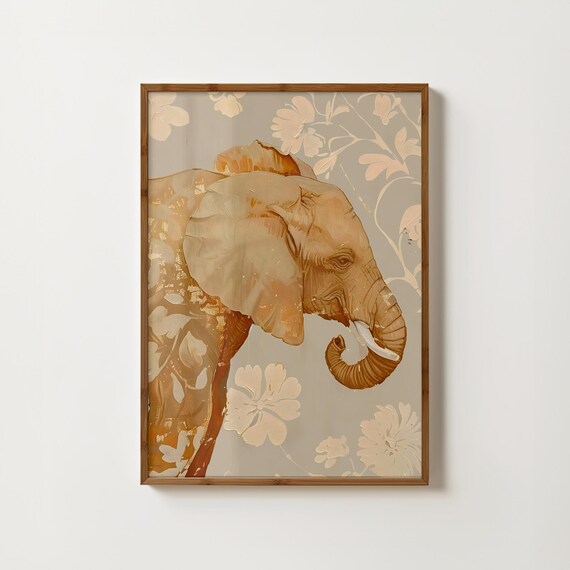 Golden Elephant Profile Painting with Cream Floral Detail Poster