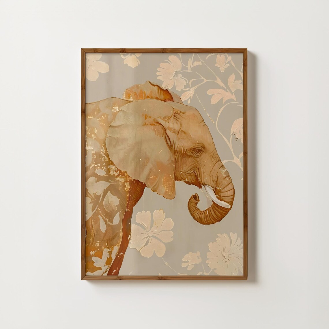 Golden Elephant Profile Painting with Cream Floral Detail Poster