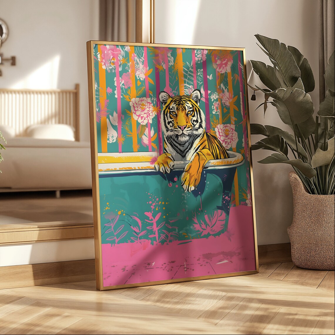 Tiger Relaxing in a Teal Bathtub Maximalist Pink Bathroom Poster - Image 3