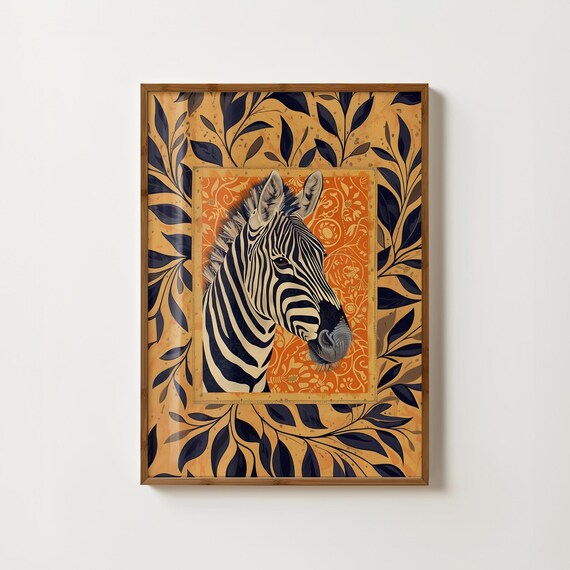 Zebra Head Portrait Against Orange Ornate Floral Panel Art Print