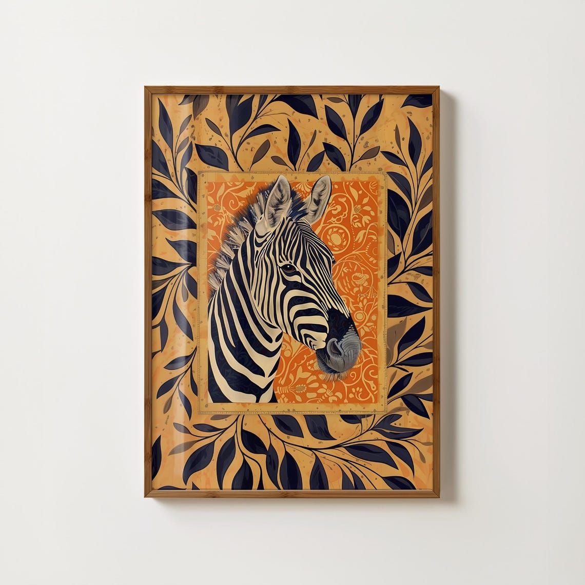 Zebra Head Portrait Against Orange Ornate Floral Panel Art Print