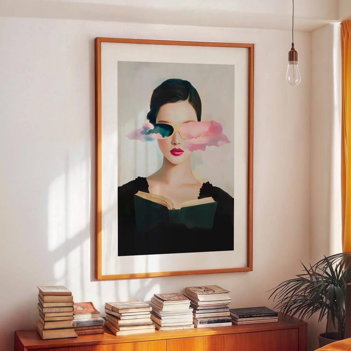 Woman Reading With Pink Cloud Sunglasses Surreal Portrait Poster - Image 2