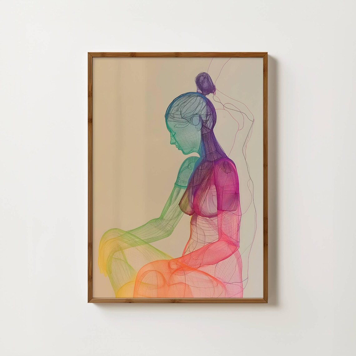 Woman Meditating in Rainbow Chakra Colors Line Art Yoga Poster