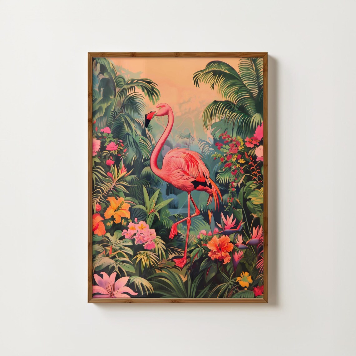 Pink Flamingo Vintage Botanical Bird Wall Art Print