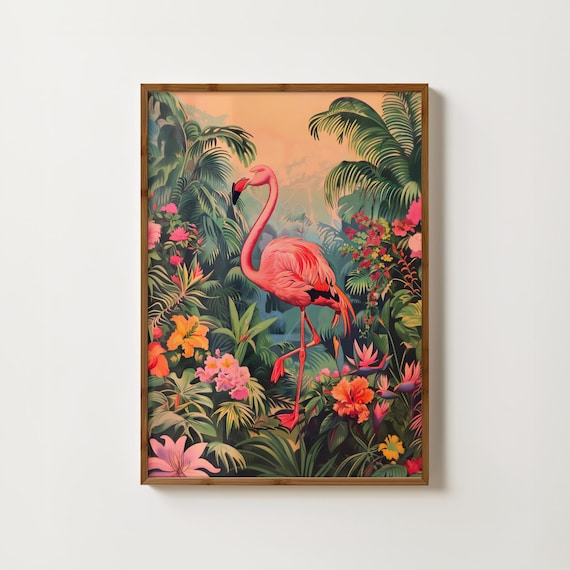 Pink Flamingo Vintage Botanical Bird Wall Art Print