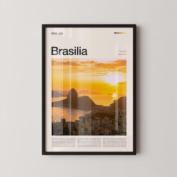Brasilia Golden Sunset Bay Skyline Modern Brazil Travel Poster