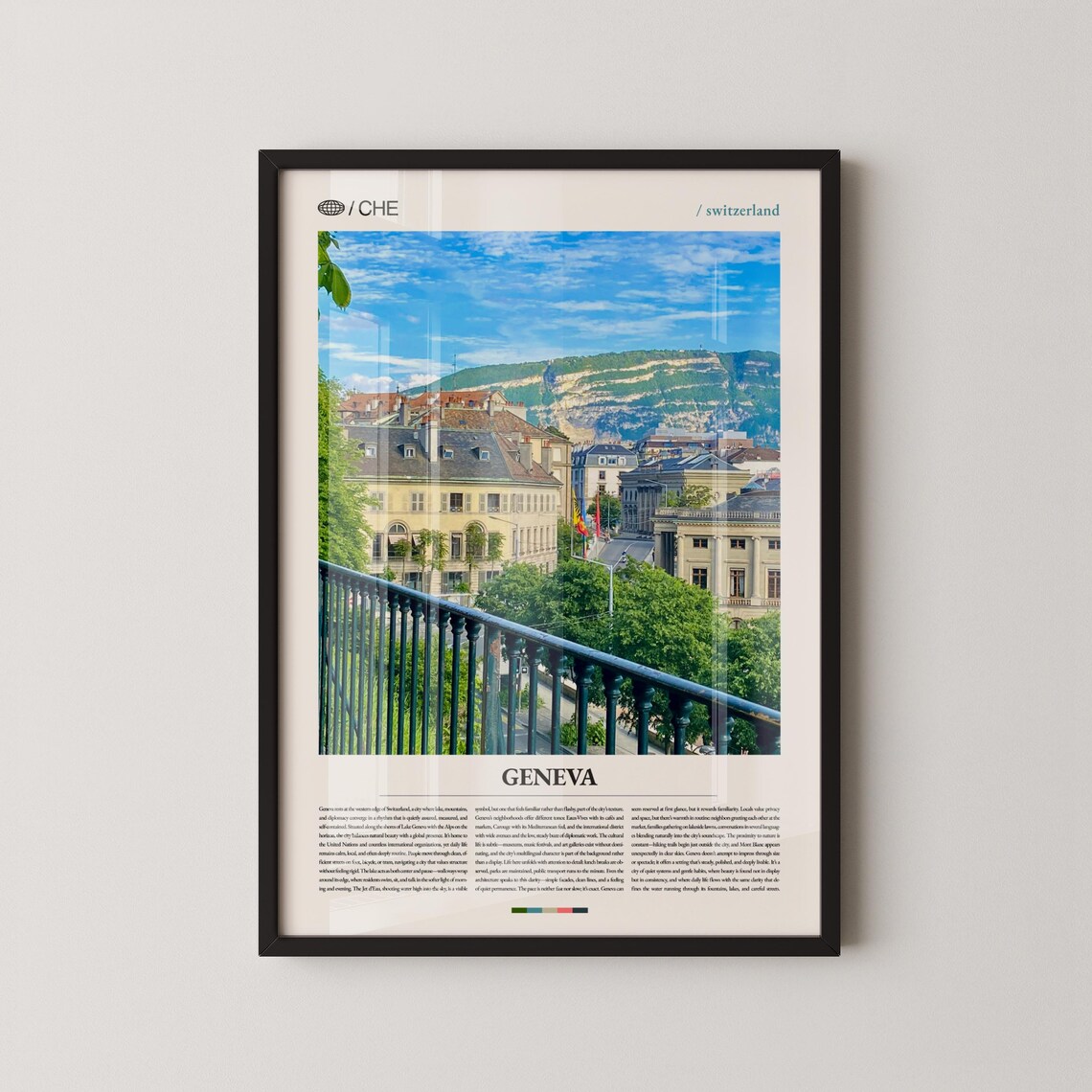 Geneva Switzerland City Rooftops and Mountains Travel Poster