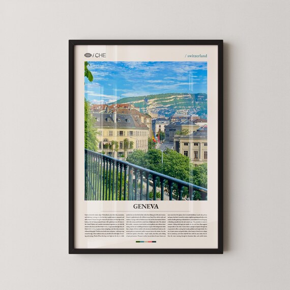 Geneva Switzerland City Rooftops and Mountains Travel Poster