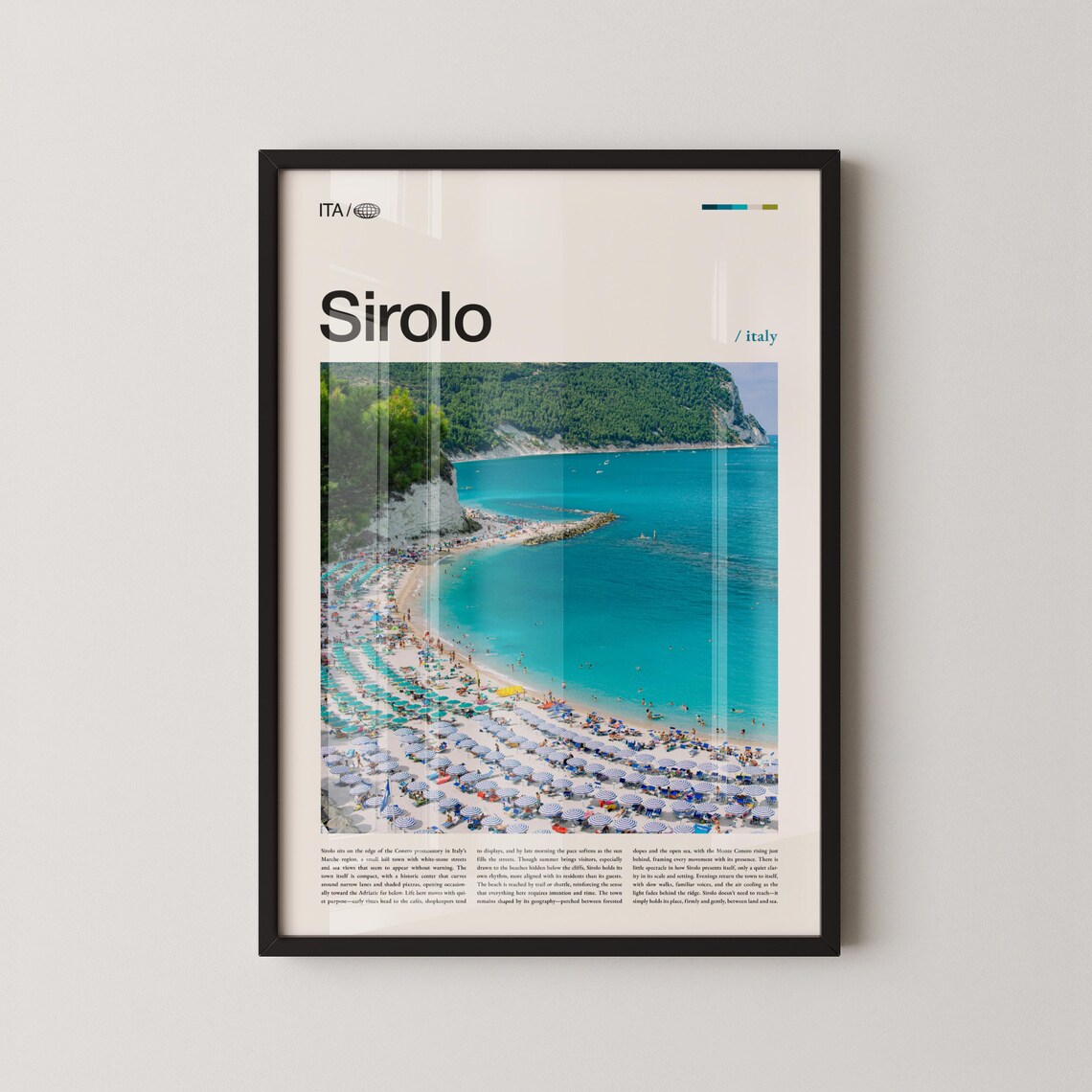 Sirolo Italy Travel Poster of the Busy Beach below Monte Conero Cliffs