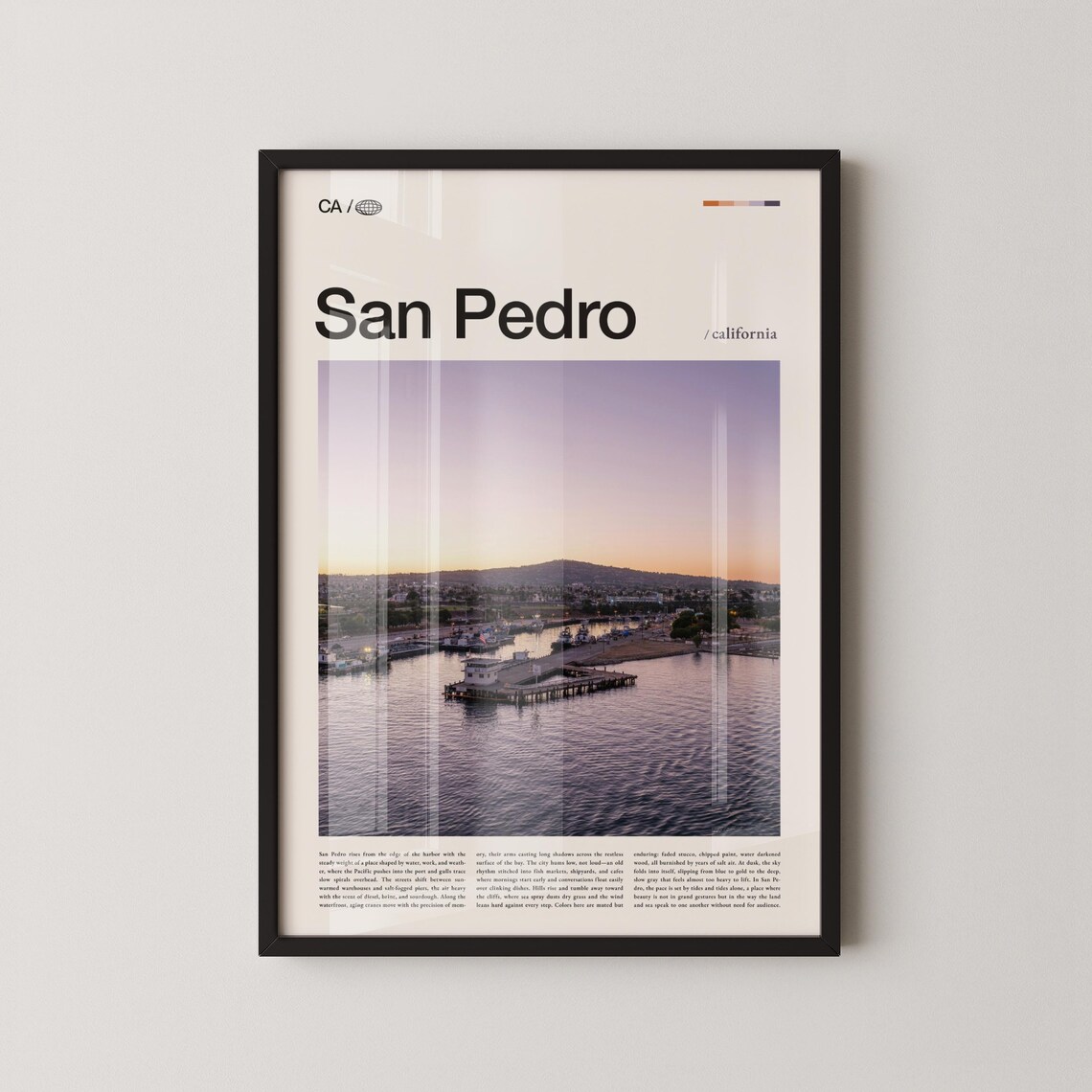 San Pedro California Harbor Sunset Typographic Travel Poster