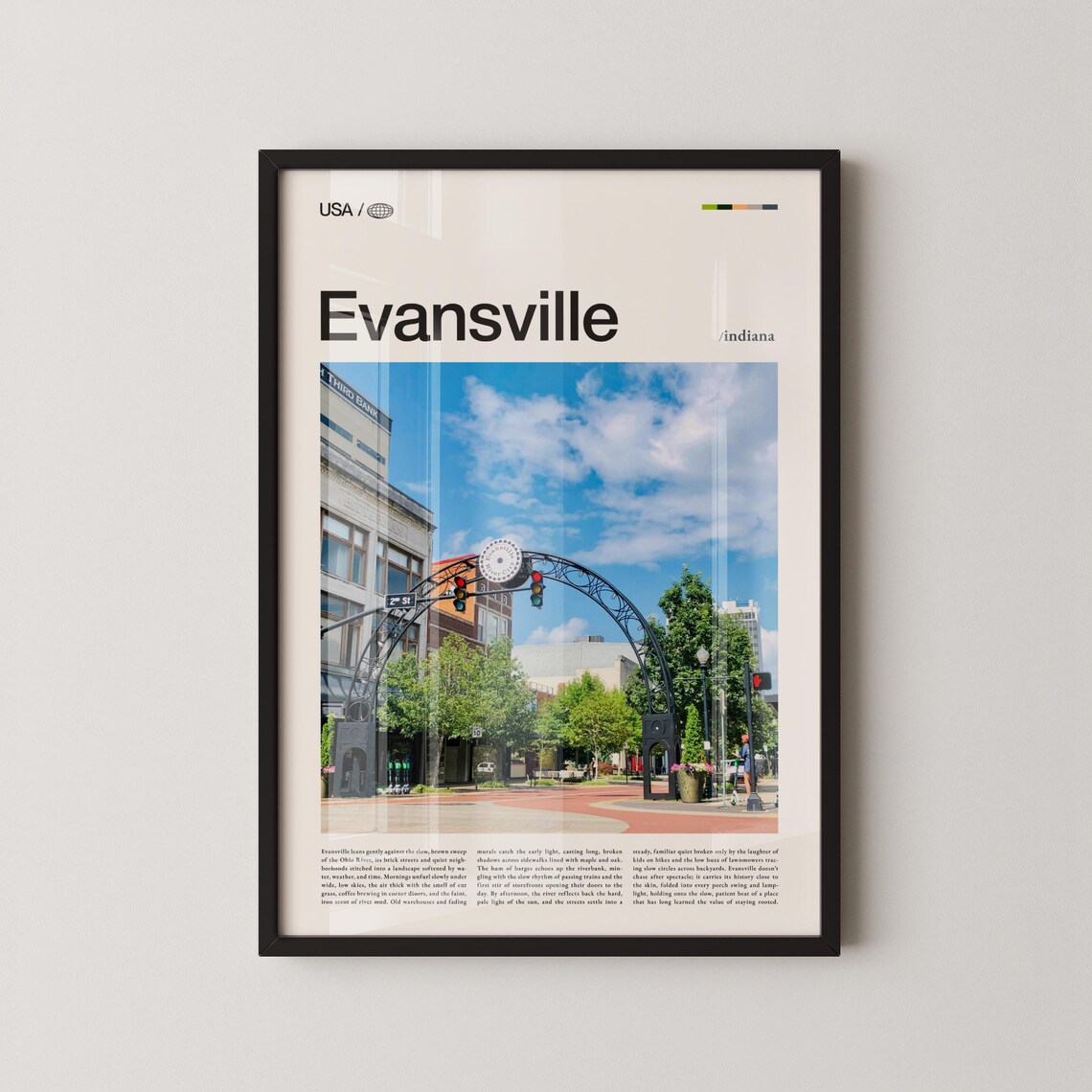 Evansville Indiana Downtown Clock Arch Black Frame Travel Photo Poster