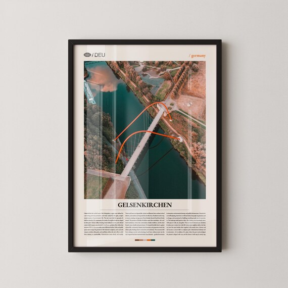 Gelsenkirchen Germany Orange Arch Bridge Canal Aerial Travel Poster