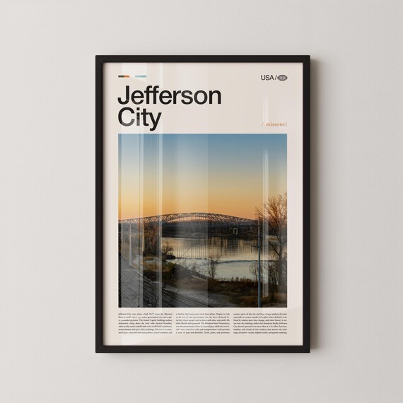 Jefferson City Missouri River Bridge Sunset Glow Capital Skyline Travel Poster